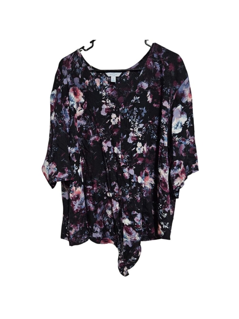 Boutique Plus Floral Blouse Womens Size 1X Black Purple Flowy 3/4 Sleeve Top